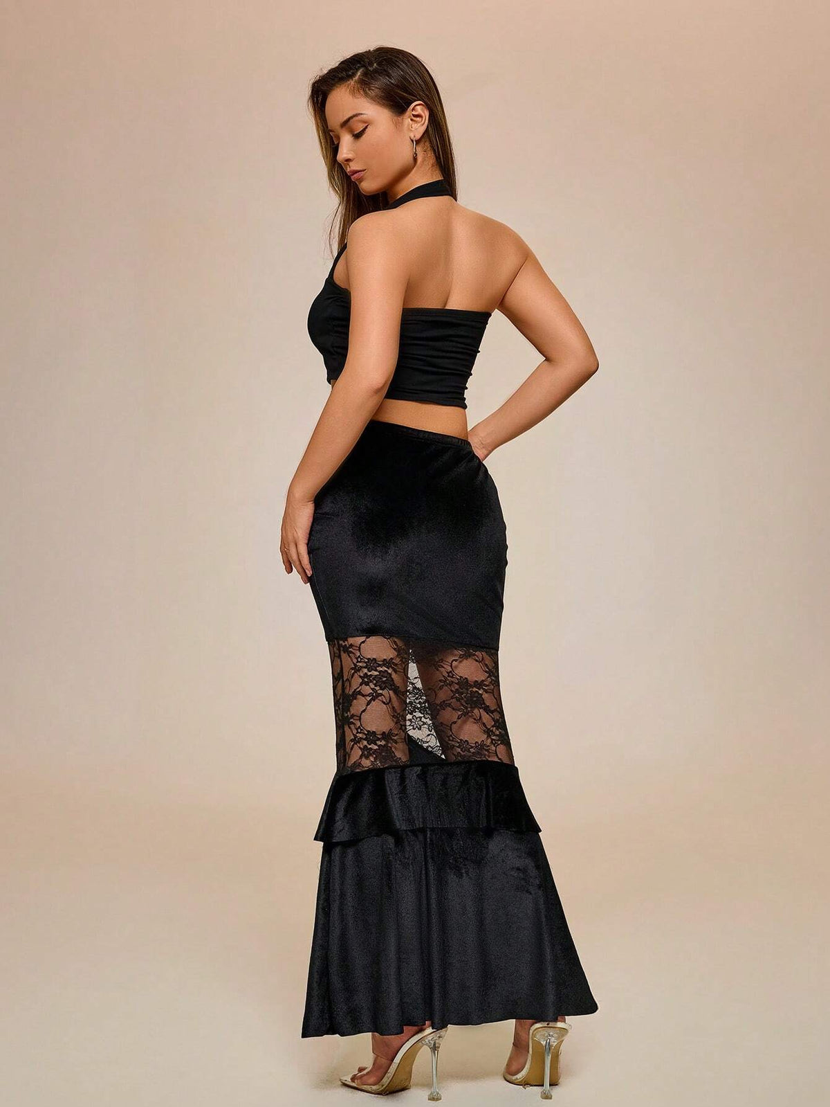 Glamour Women Solid Color Pleated Lace Patchwork Skirt, Casual Everyday Wear