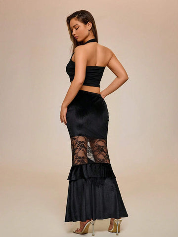 Glamour Women Solid Color Pleated Lace Patchwork Skirt, Casual Everyday Wear