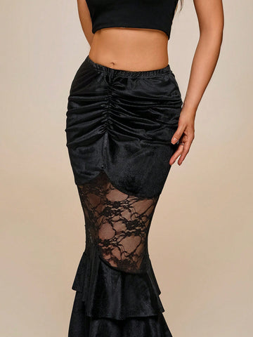 Glamour Women Solid Color Pleated Lace Patchwork Skirt, Casual Everyday Wear