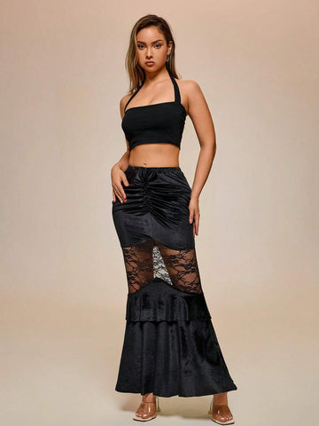 Glamour Women Solid Color Pleated Lace Patchwork Skirt, Casual Everyday Wear