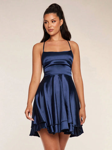 Women Solid Color Spaghetti Strap Backless Tiered Sleeveless Mini Dress