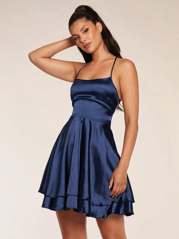 Women Solid Color Spaghetti Strap Backless Tiered Sleeveless Mini Dress