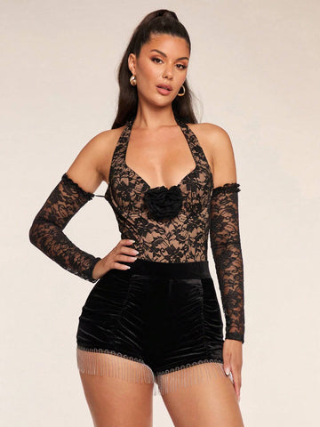 Women's 3D Floral Decor Cold Shoulder Long Sleeve Backless Bodysuit