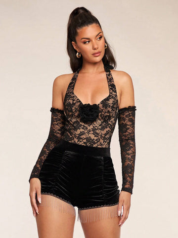 Women's 3D Floral Decor Cold Shoulder Long Sleeve Backless Bodysuit