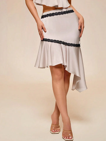 Glamour Women's Casual Lace Patchwork Straight Skirt, For Daily Wear