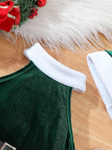 Halloween Girl Outfit; Christmas 2pcs Young Girl Fashionable Minimalist Christmas Sleeveless Round Neck Red & White Patchwork Dress