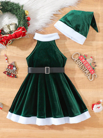 Halloween Girl Outfit; Christmas 2pcs Young Girl Fashionable Minimalist Christmas Sleeveless Round Neck Red & White Patchwork Dress