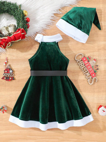 Halloween Girl Outfit; Christmas 2pcs Young Girl Fashionable Minimalist Christmas Sleeveless Round Neck Red & White Patchwork Dress