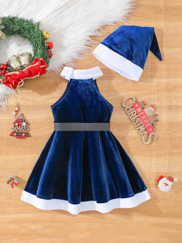 alloween Girls Outfits: 2pcs Christmas Outfit For Little Girls - Solid Color Round Neck Sleeveless Dress