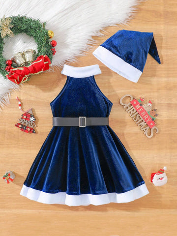 alloween Girls Outfits: 2pcs Christmas Outfit For Little Girls - Solid Color Round Neck Sleeveless Dress