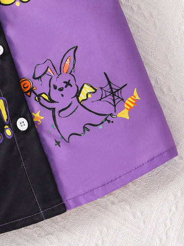 Halloween Girls Short Sleeve Colorblock Collar Shirt Dress
