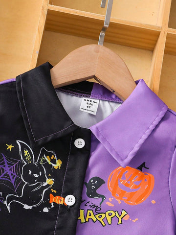 Halloween Girls Short Sleeve Colorblock Collar Shirt Dress