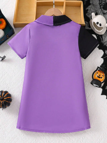 Halloween Girls Short Sleeve Colorblock Collar Shirt Dress