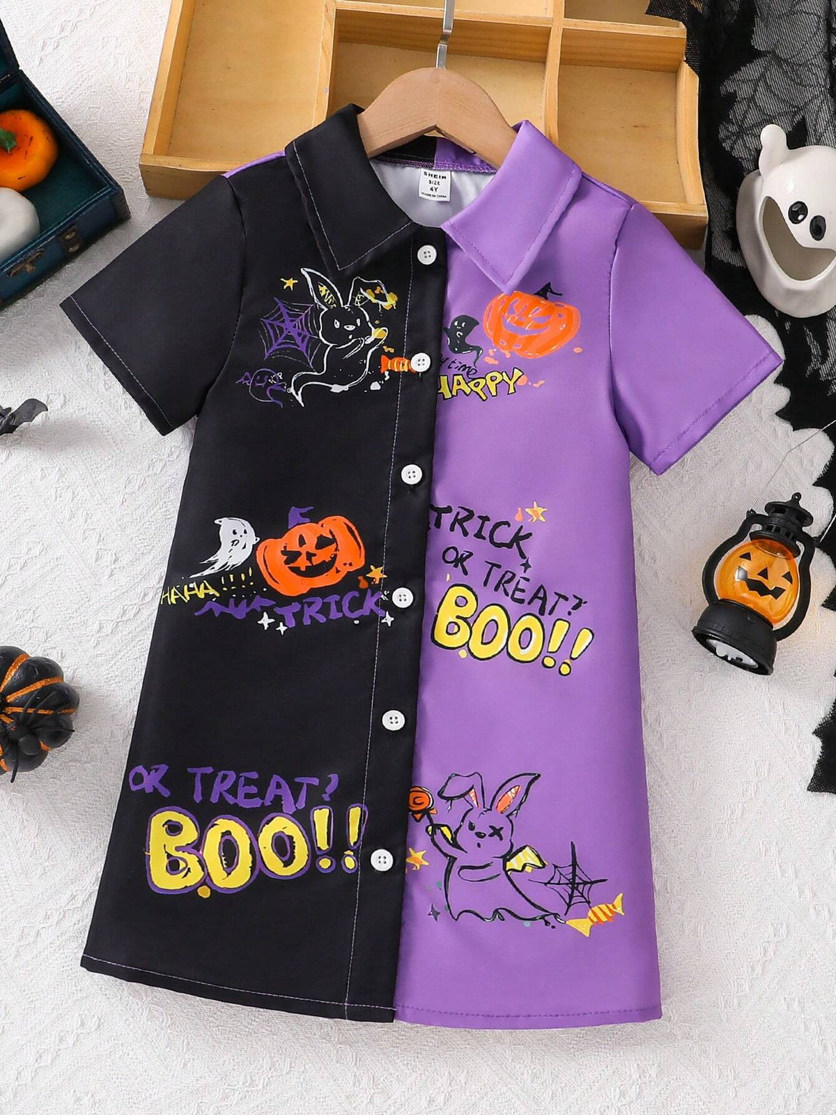 Halloween Girls Short Sleeve Colorblock Collar Shirt Dress