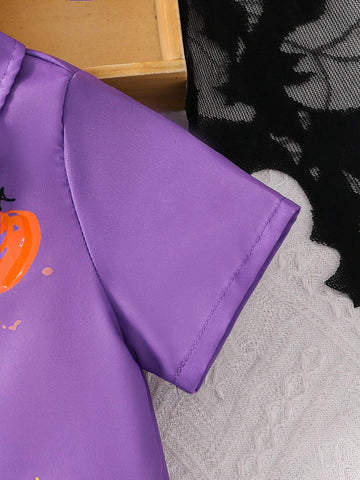 Halloween Girls Short Sleeve Colorblock Collar Shirt Dress