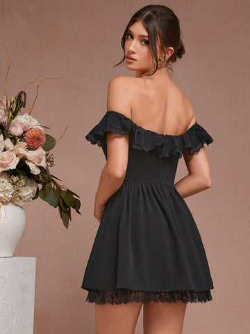 1pc Solid Color Off-Shoulder Ruffle Lace Splice Elegant Dress