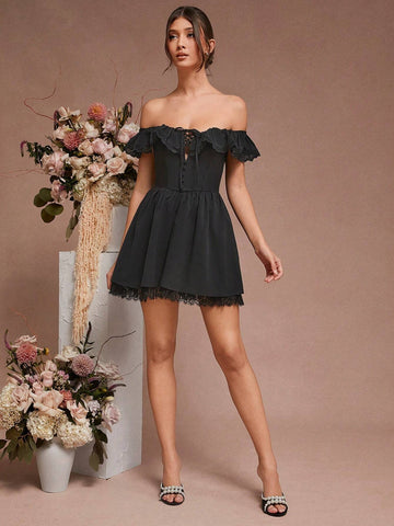 1pc Solid Color Off-Shoulder Ruffle Lace Splice Elegant Dress