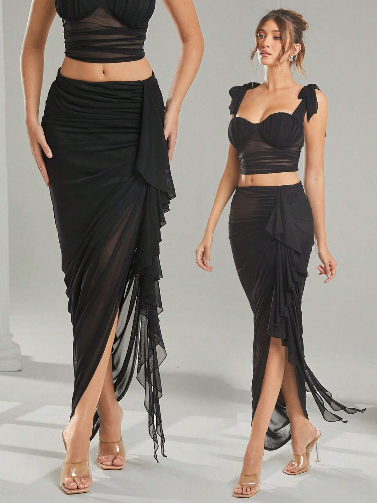 Haute 1pc Women Elegant Solid Color Ruched Ruffle Asymmetric Hem Skirt