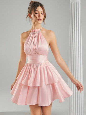 1pc Women Solid Color Halter Tie Back Ruched Short Dress