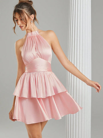 1pc Women Solid Color Halter Tie Back Ruched Short Dress