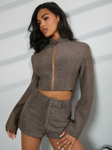 2pcs Women Solid Color Zip-Up Jacket & Shorts Elegant Set