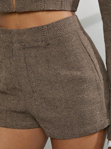 2pcs Women Solid Color Zip-Up Jacket & Shorts Elegant Set