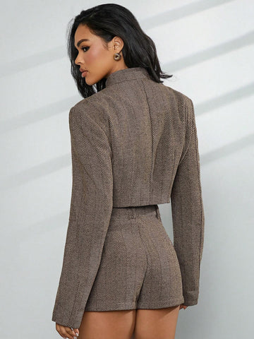 2pcs Women Solid Color Zip-Up Jacket & Shorts Elegant Set