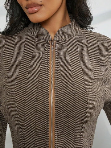 2pcs Women Solid Color Zip-Up Jacket & Shorts Elegant Set