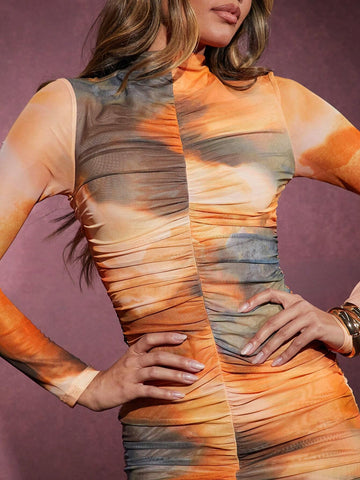 Abstract Printed Mesh Mock Neck Long Sleeve Mini Dress