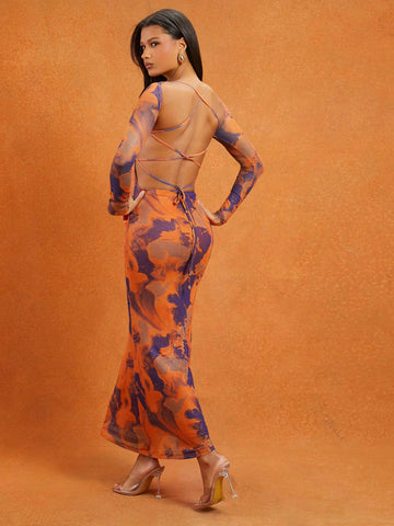 Abstract Printed Mesh Open Lace Up Back Mermaid Hem Maxi Dress, Vacation Outfits Woman