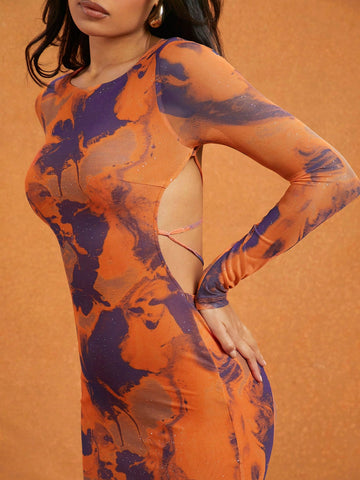 Abstract Printed Mesh Open Lace Up Back Mermaid Hem Maxi Dress, Vacation Outfits Woman