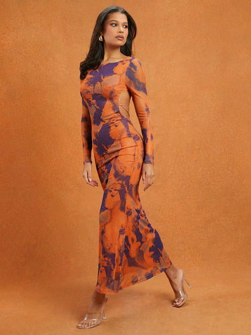 Abstract Printed Mesh Open Lace Up Back Mermaid Hem Maxi Dress, Vacation Outfits Woman