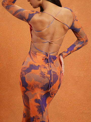 Abstract Printed Mesh Open Lace Up Back Mermaid Hem Maxi Dress, Vacation Outfits Woman