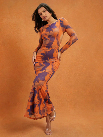 Abstract Printed Mesh Open Lace Up Back Mermaid Hem Maxi Dress, Vacation Outfits Woman