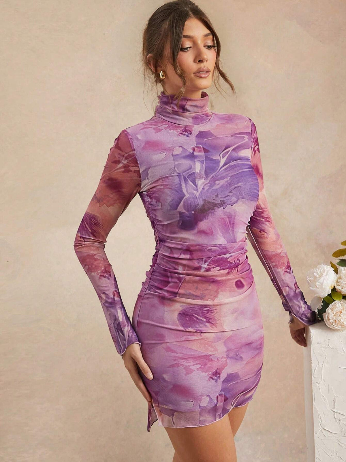 All Over Print Ruched Turtle Neck Lined Mesh Dress