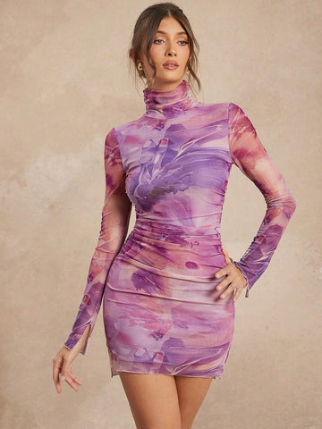 All Over Print Ruched Turtle Neck Lined Mesh Dress