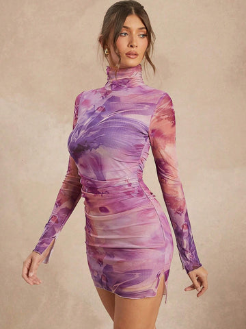 All Over Print Ruched Turtle Neck Lined Mesh Dress