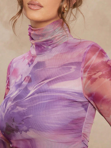 All Over Print Ruched Turtle Neck Lined Mesh Dress