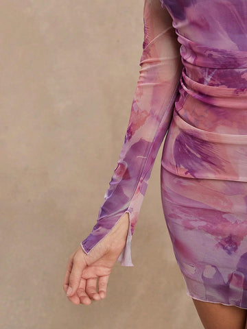 All Over Print Ruched Turtle Neck Lined Mesh Dress