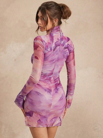 All Over Print Ruched Turtle Neck Lined Mesh Dress