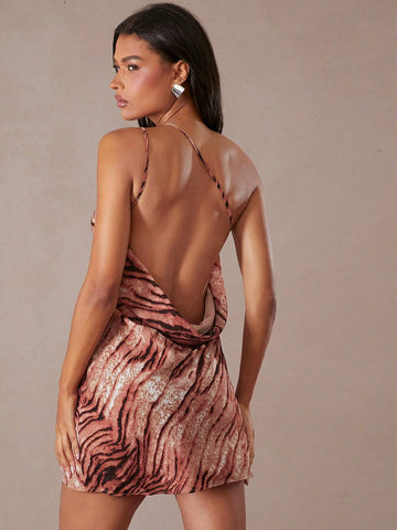 Animal Print Chiffon One Shoulder Draped Open Back Dress