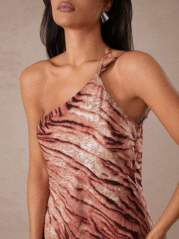 Animal Print Chiffon One Shoulder Draped Open Back Dress