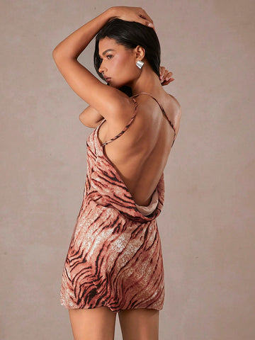 Animal Print Chiffon One Shoulder Draped Open Back Dress