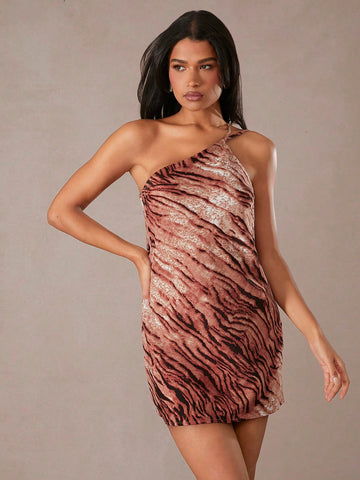 Animal Print Chiffon One Shoulder Draped Open Back Dress