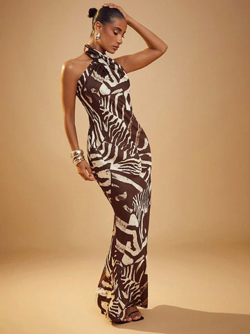 Animal Print Cross Halter Maxi Dress