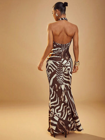 Animal Print Cross Halter Maxi Dress