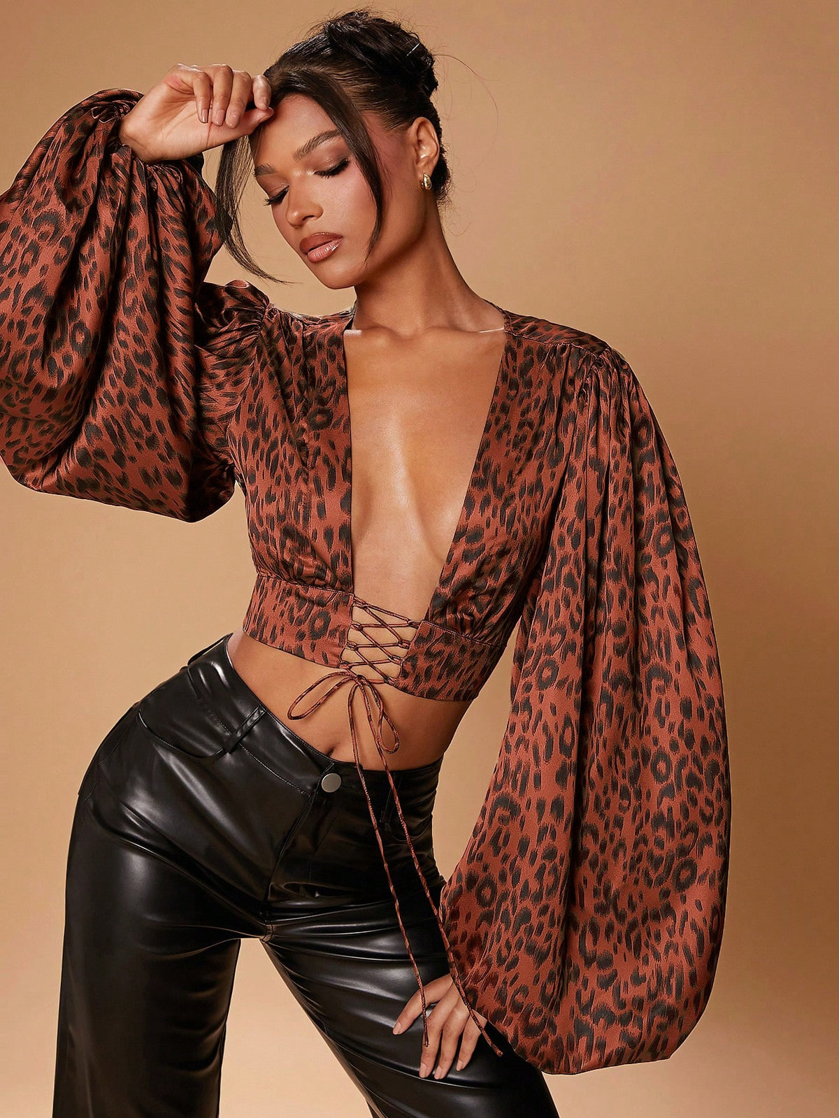 Animal Print Plunge Neck Balloon Sleeve Lace Up Top