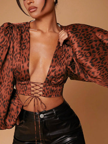 Animal Print Plunge Neck Balloon Sleeve Lace Up Top