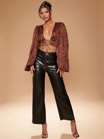 Animal Print Plunge Neck Balloon Sleeve Lace Up Top