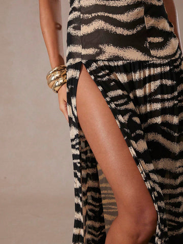 Animal Print Semi Sheer Front Slit Tube Maxi Dress